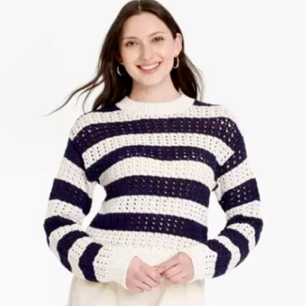 Universal Thread Striped Long Sleeve Open Knit‎ Sweater M Blue & White 317H